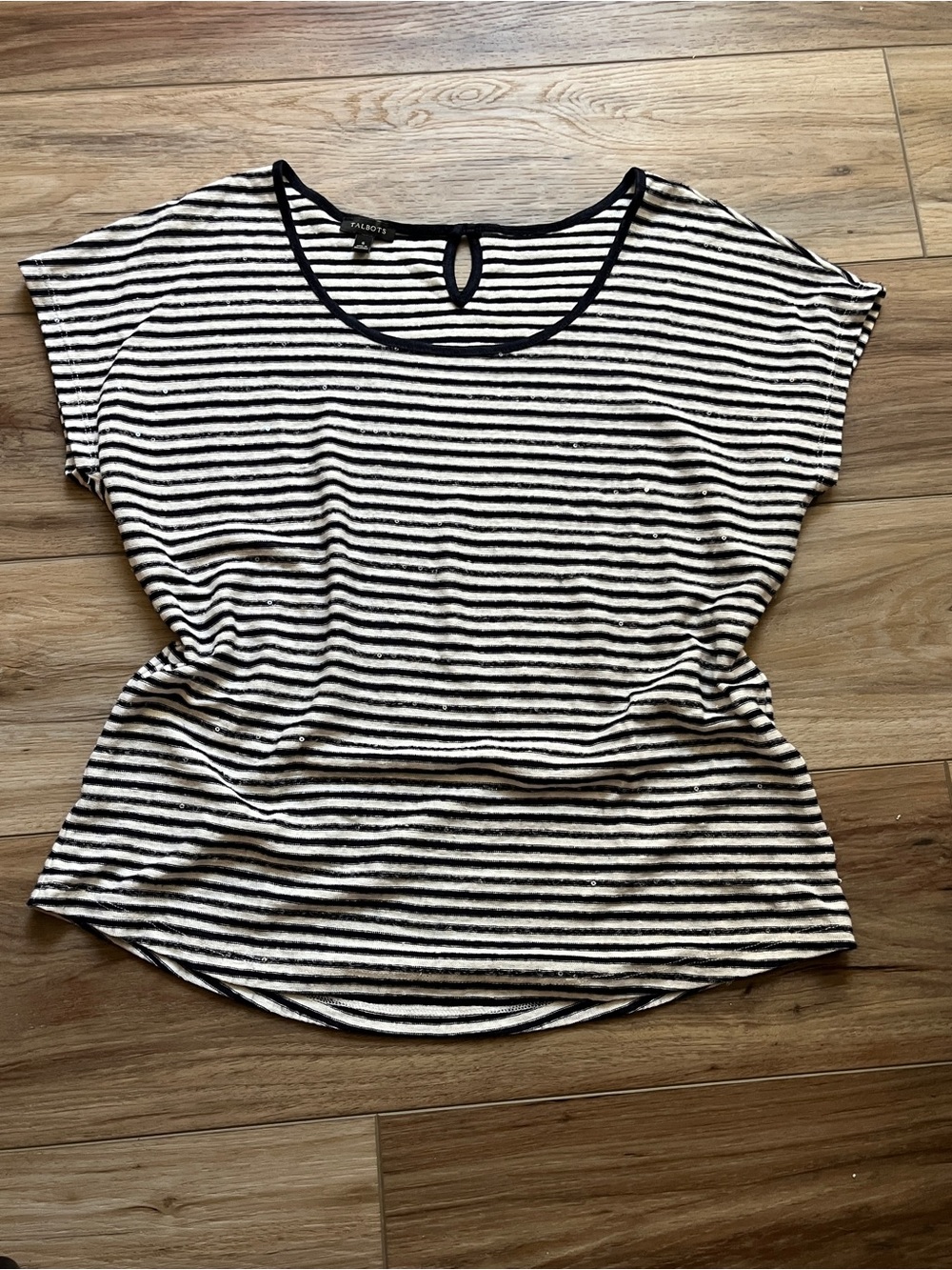 Talbots Navy and White Striped Short Sleeve Scoop Neck Top